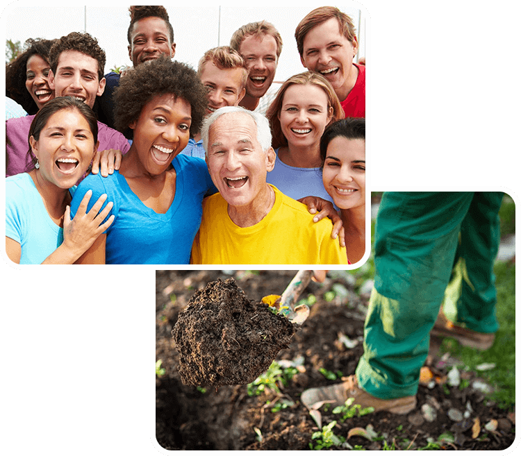 People Standing Together and Laughing and a Person Digging in the Fields